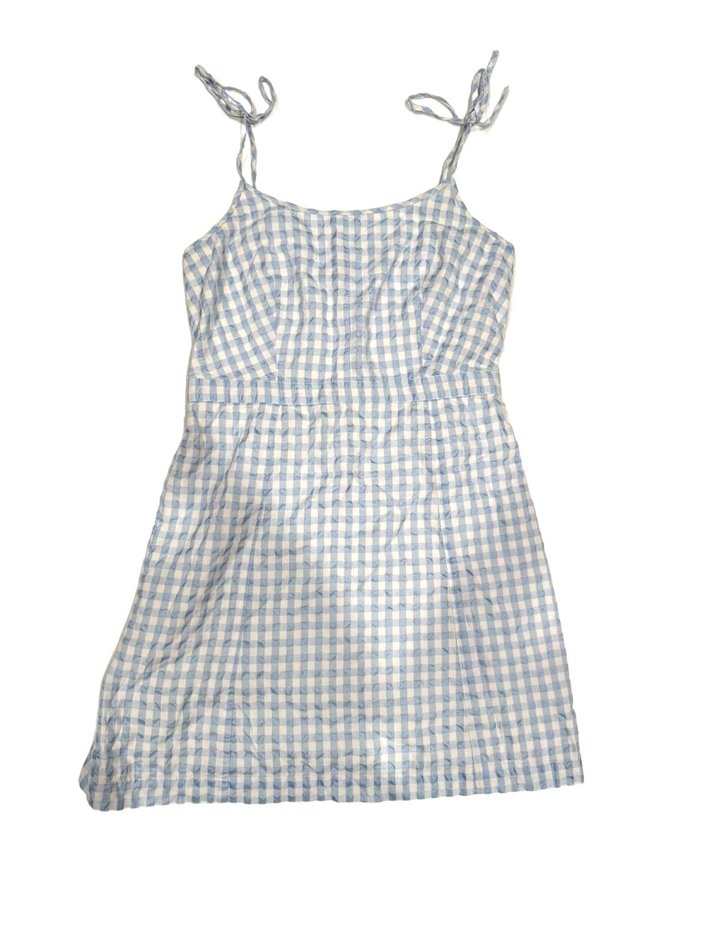Madewell Blue White Gingham Tie Strap Mini Dress Size 8 Picnic Seersucker - Picture 2 of 9